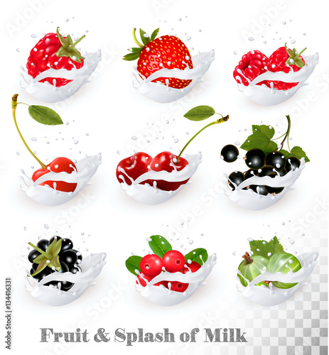 Big collection of fruit and berries in a milk splash. Raspberry,