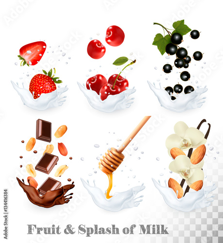 Big collection of icons of fruit and berries in a milk splash. S
