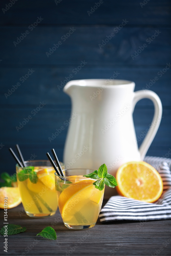 Two glasses with fresh lemonade on table Two glasses with fresh lemonade on table