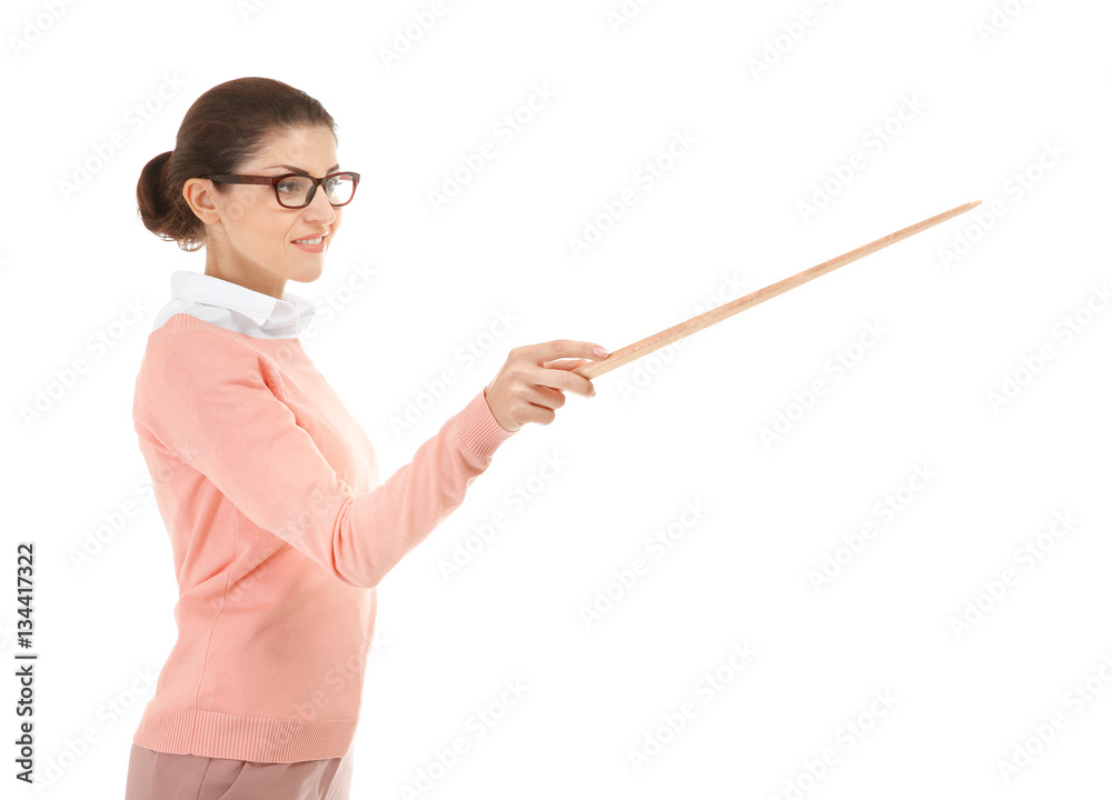 Young teacher with pointer on white background Young teacher with pointer on white background