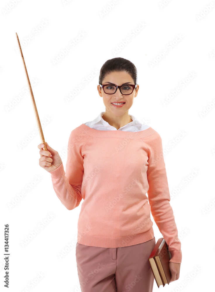 Young teacher with pointer on white background Young teacher with pointer on white background