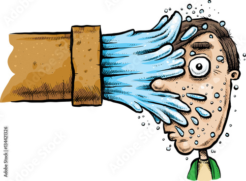 A cartoon man is caught by surprise by water gushing out of a large, rusty pipe and splashing him in the face.