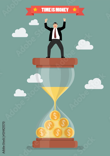 Businessman celebrating on a sandglass