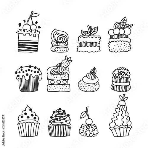 Set black and white doodle cakes for coloring book, decorating.