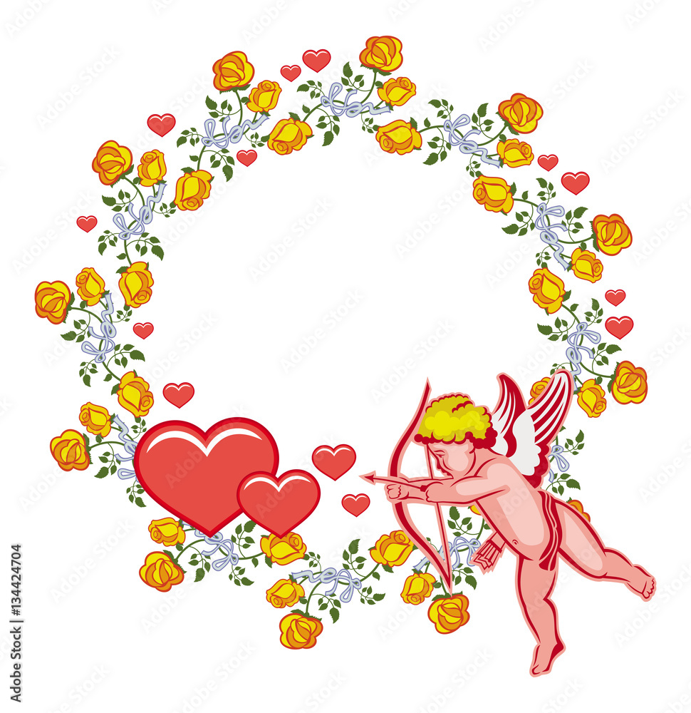 Fototapeta premium Elegant round frame with Cupid, yellow roses and hearts. Vector clip art.