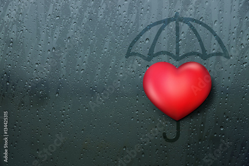 3d Red Heart and Hand Drawn of Umbrella on Glass window while Rain