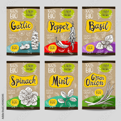Set of hand drawn labels food, spices.