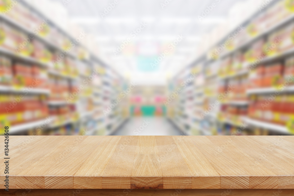 Empty table on blured supermarket background
