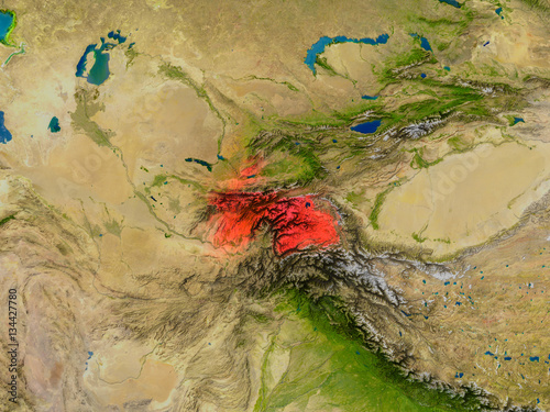 Tajikistan from space in red photo