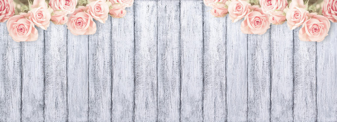 Roses on background of shabby wooden planks with place for text.