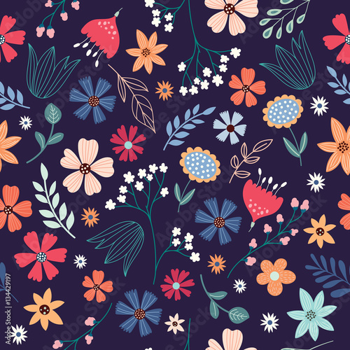 Floral seamless pattern with hand drawn flowers and plants