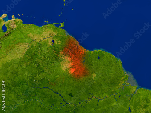 Guyana from space in red