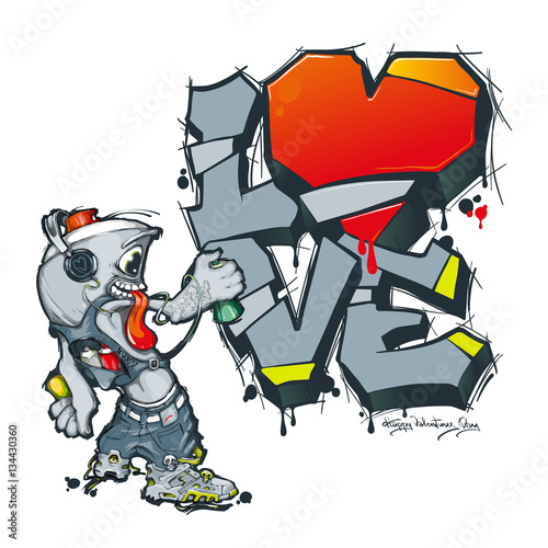Spray paint for graffiti writes greetings. Valentine in graffiti style