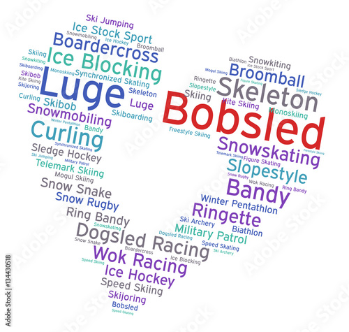 Bobsled. Word cloud, heart inside heart, italic font, white background. Love of sport.