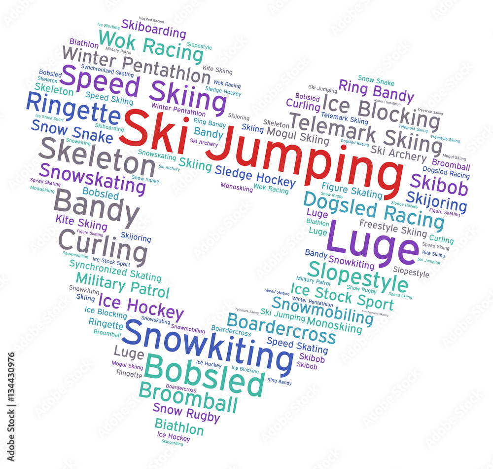 Ski jumping. Word cloud, heart inside heart, italic font, white background. Love of sport.