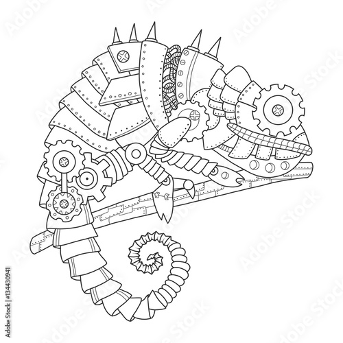 Steampunk style chameleon coloring book vector