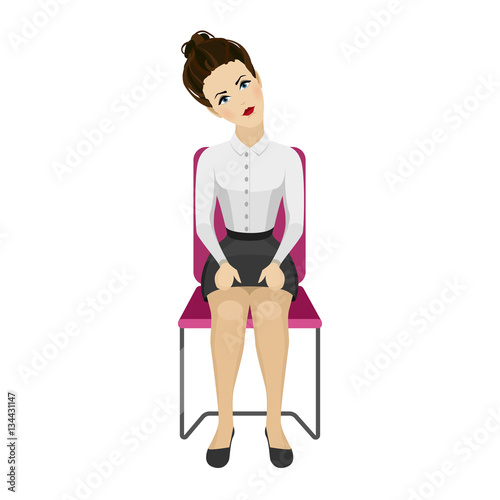 Pretty woman in business clothes is doing exercises for back on