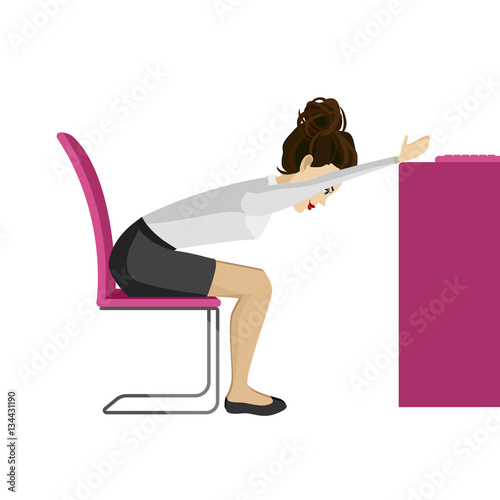 Pretty woman in business clothes is doing exercises for back on