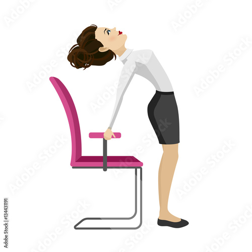 Pretty woman in business clothes is doing exercises for back on