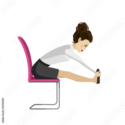 Pretty woman in business clothes is doing exercises for back on