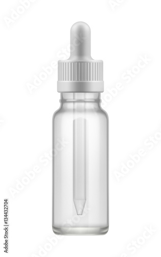 Blank template of empty transparent glass bottle with dropper. Realistic 3d mock-up container for liquid medical drug. Icon of pack for medicine product. Vector illustrations isolated on white