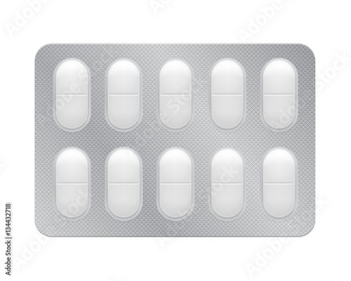 3d blister with pills for illness and pain treatment. Medical drug package for tablet: vitamin, antibiotic, aspirin. Realistic mock-up of packaging. Vector illustrations of pack isolated on background photo