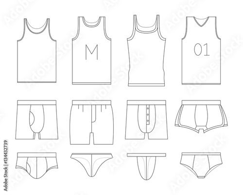 Set of clothes. Underwear for men: boxer, shorts. Different types of male briefs and shirt. Vector illustrations in thin line style.