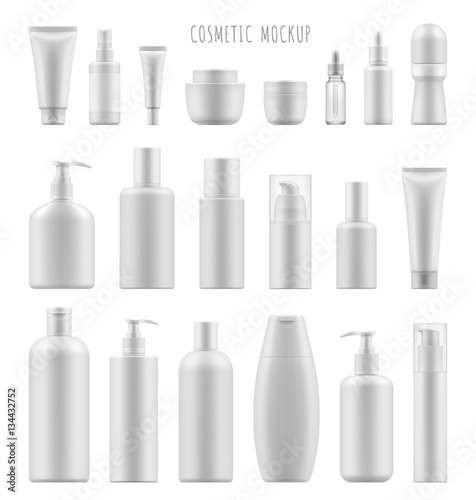 Set vector blank templates of empty and clean white plastic containers: bottles with spray, dispenser and dropper, cream jar, tube. Realistic 3d mock-up of cosmetic package. photo