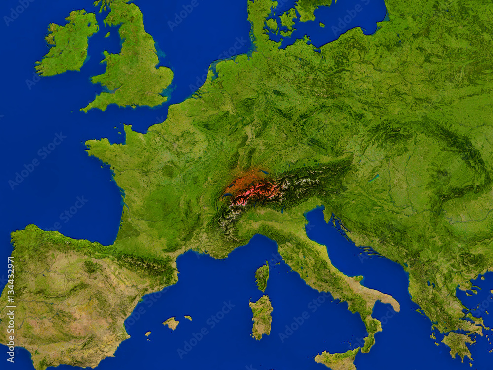 Switzerland from space in red Switzerland from space in red