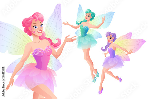 Vector set of beautiful fairies with butterfly wings.