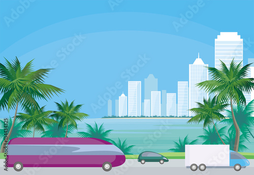 Abstract image of the southern seaside city. A city landscape with high-rise buildings, tropical plants and a view of the sea. Vector background.