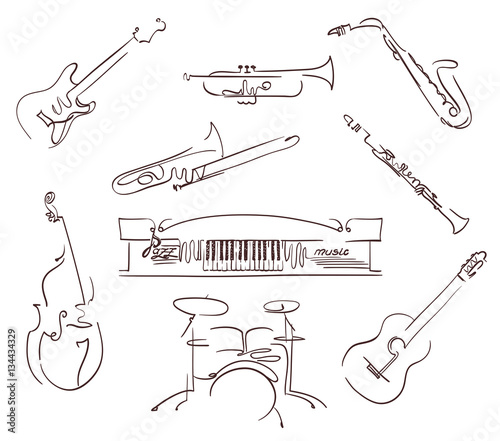 set of musical instruments symbols in line art style. vector