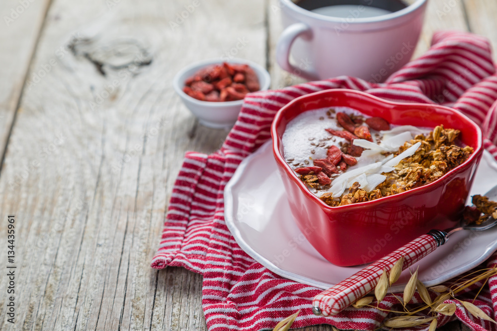 Valentine's day breakfast - granola with yogurt, goji berries and coconut Valentine's day breakfast - granola with yogurt, goji berries and coconut