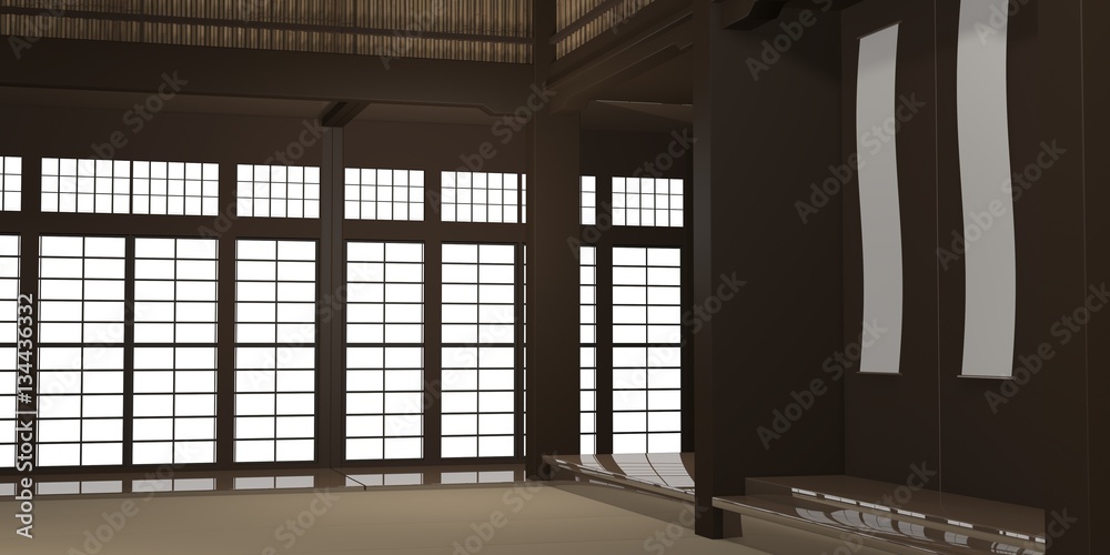3d rendered illustration of a traditional karate dojo or school with training mat and rice paper windows. 3d rendered illustration of a traditional karate dojo or school with training mat and rice paper windows.