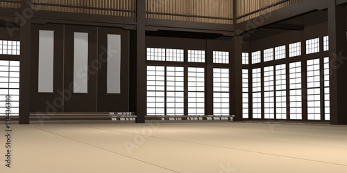3d rendered illustration of a traditional karate dojo or school with training mat and rice paper windows.