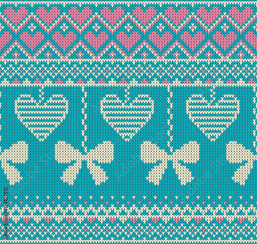 Seamless pattern on the theme of holiday Valentine's Day with an image of the Norwegian and fairisle patterns. White bows and hearts on a turquoise background. Vector Illustration.