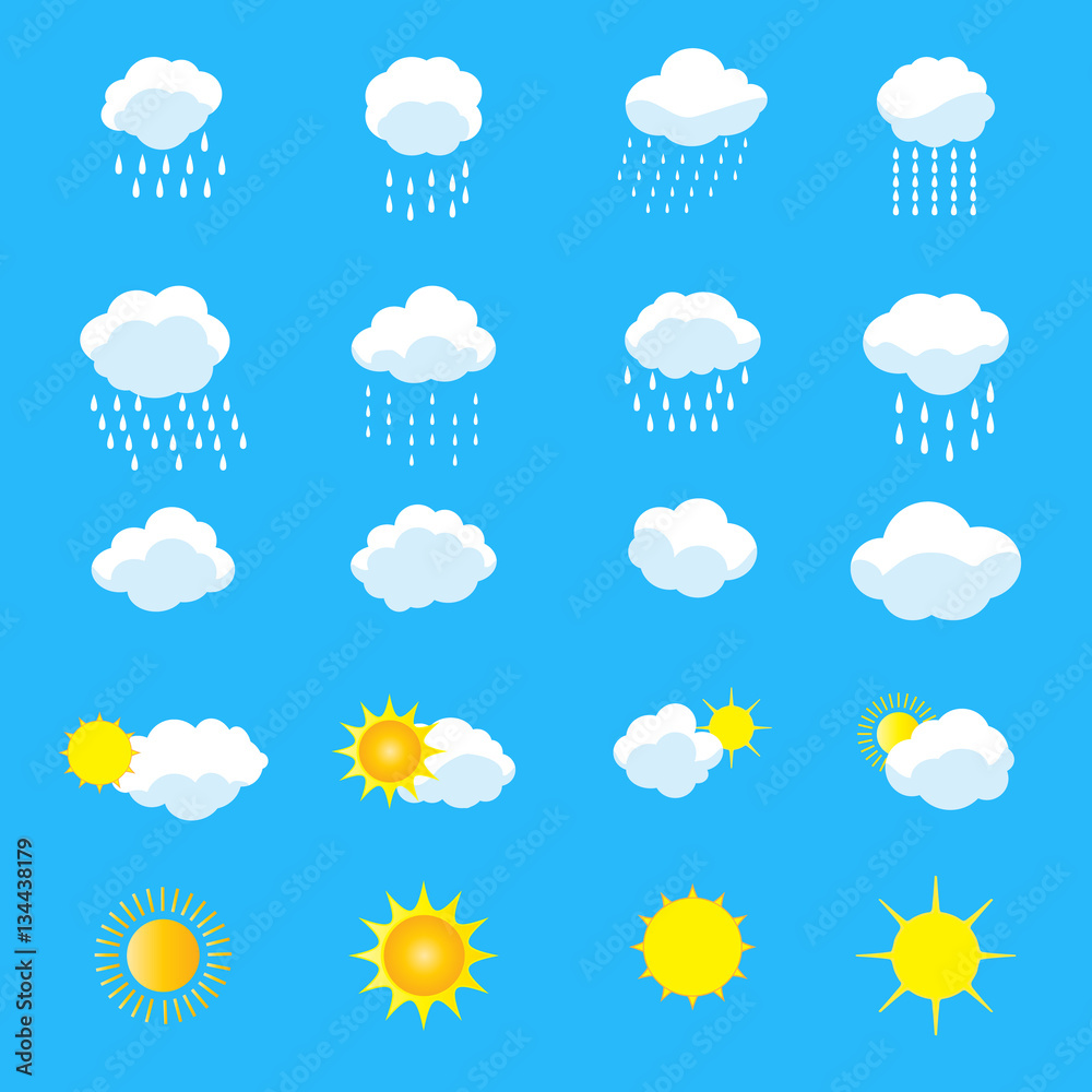 Sun icons and Clouds, rain vector icons set on blue background. Sky ...