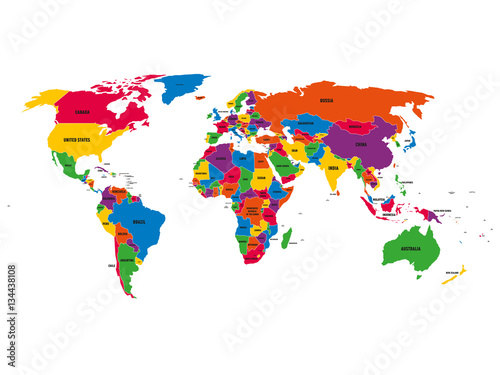 Multi-colored political vector map of World with national borders and country names on white background.