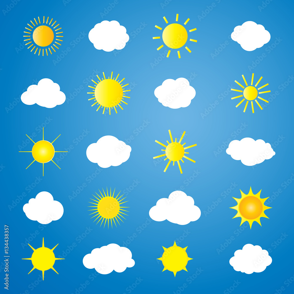 Cloud and sun vector icons set on blue background. Sky flat ...