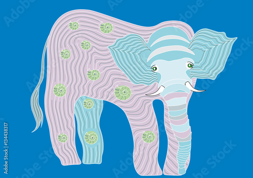 vector illustration with a baby elephant decorated with sea shels on the blue background