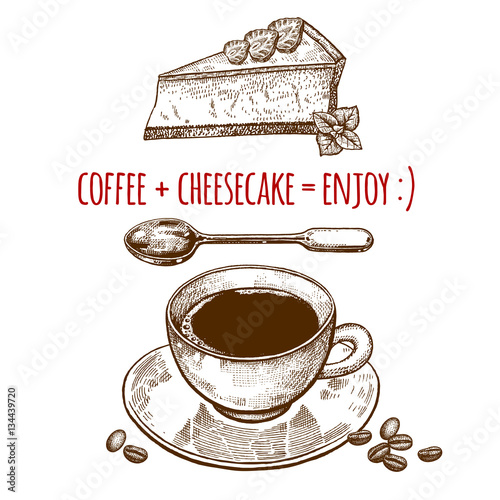 Cup of coffee and cheesecake.