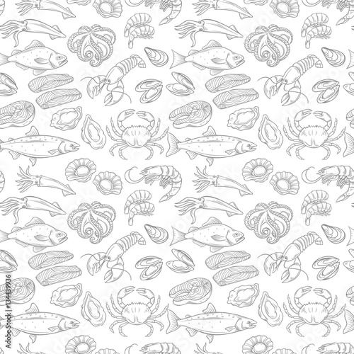Hand drawn sea food seamless pattern.