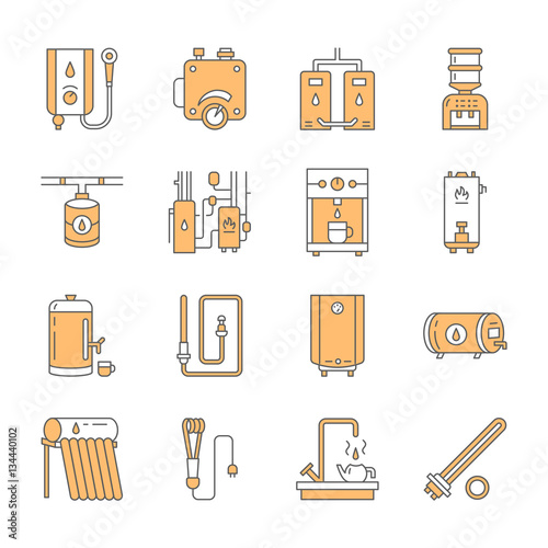 Water heater, boiler, thermostat, electric, gas, solar heaters and other house heating equipment line icons. Thin linear pictogram for hardware store. Household appliances signs.