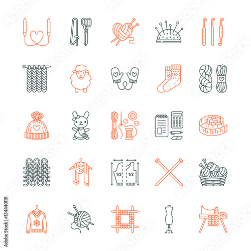 Knitting, crochet, hand made line icons set. Knitting needle, hook, scarf, socks, pattern, wool skeins and other DIY equipment. Linear signs set, logos with editable stroke for yarn or tailor store.