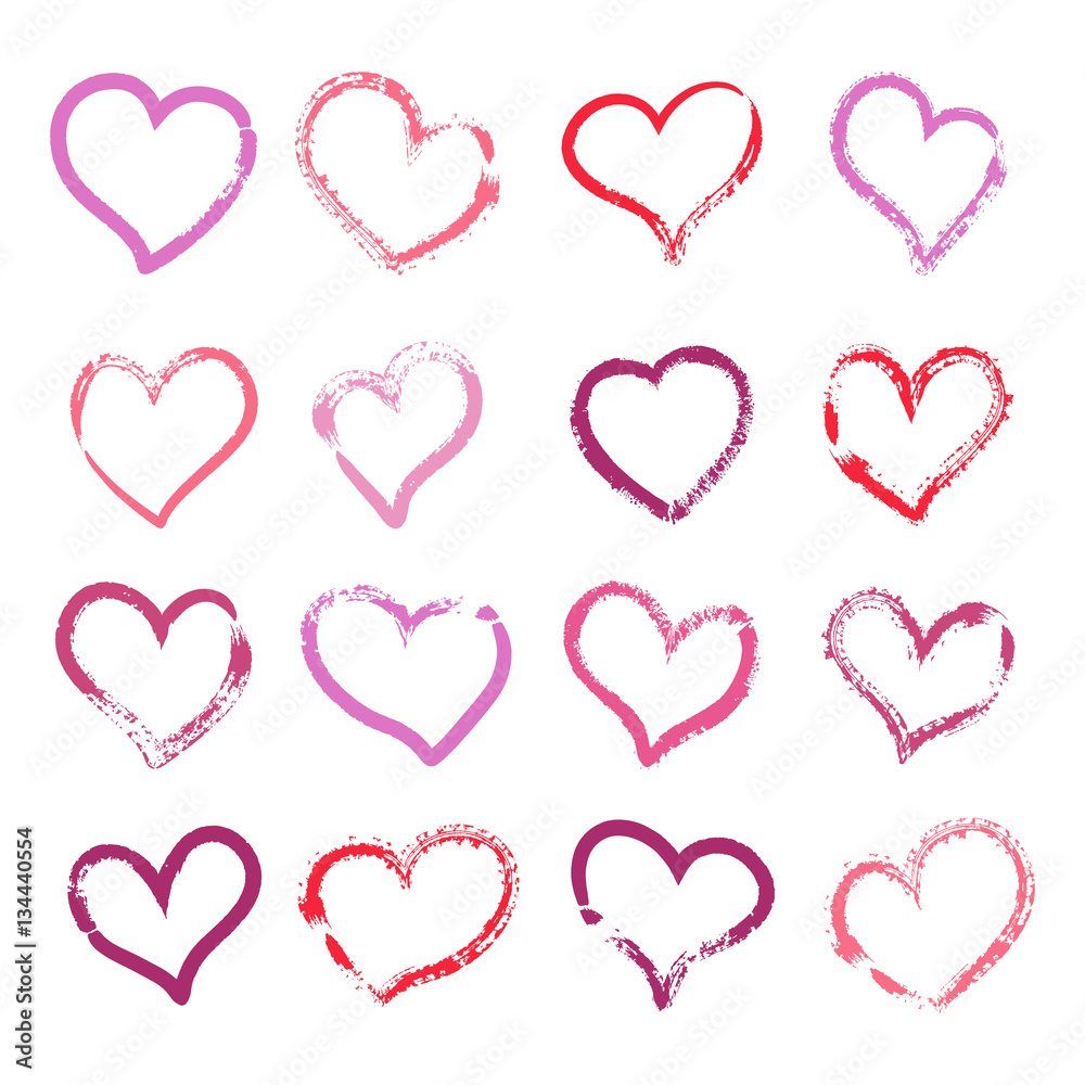 vector set of pink brush painted hearts