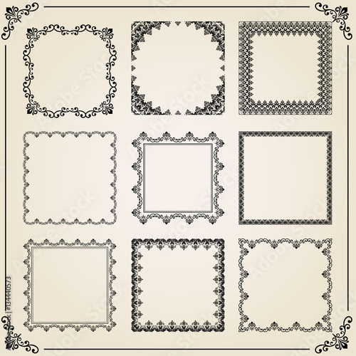Vintage set of elements. Different vector square elements for decoration and design frames, cards, menus, backgrounds and monograms. Classic patterns. Set of vintage patterns
