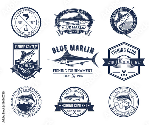 Canvas Print Set of vector badges, stickers on catching fish.