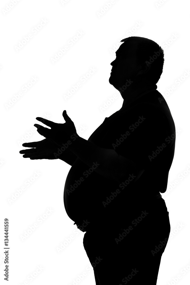 silhouette of a pot-bellied man pulling his hands to the sky
