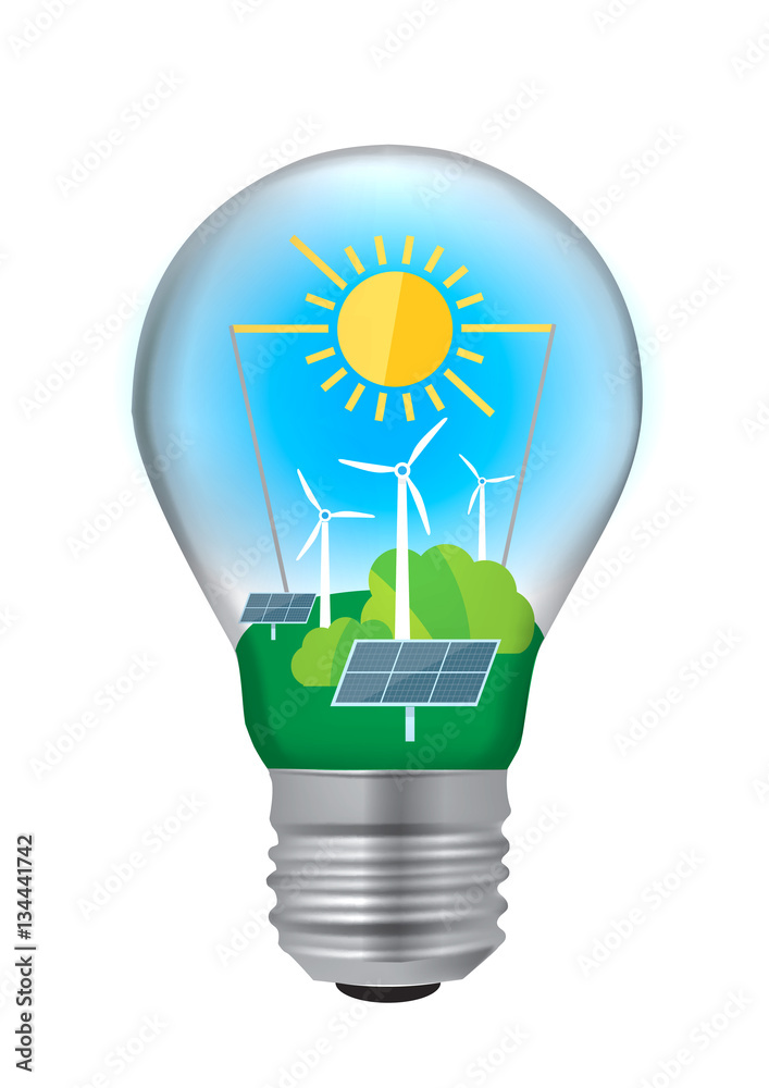 Light bulb green energy concept. Light bulb with wind turbine and solar  panels and sun.Illustration. Stock Illustration | Adobe Stock