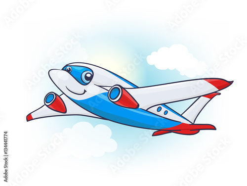 Cute Cartoon Plane Character in the Sky. vector